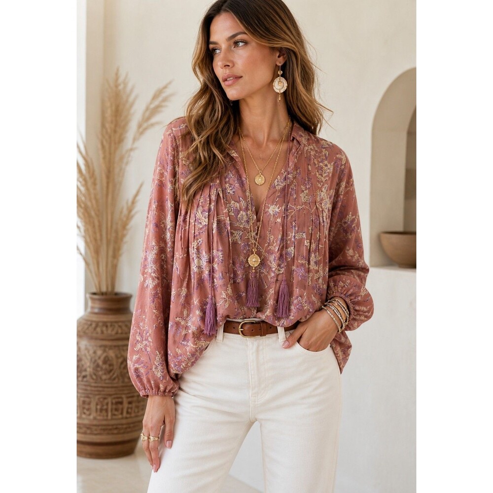 Marea Shirt Cala Rosado Boho Pullover Long Sleeve Blouse Top 100% Cotton Pink L